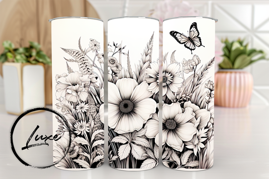 20oz Tumbler #04 - Black and White Flowers